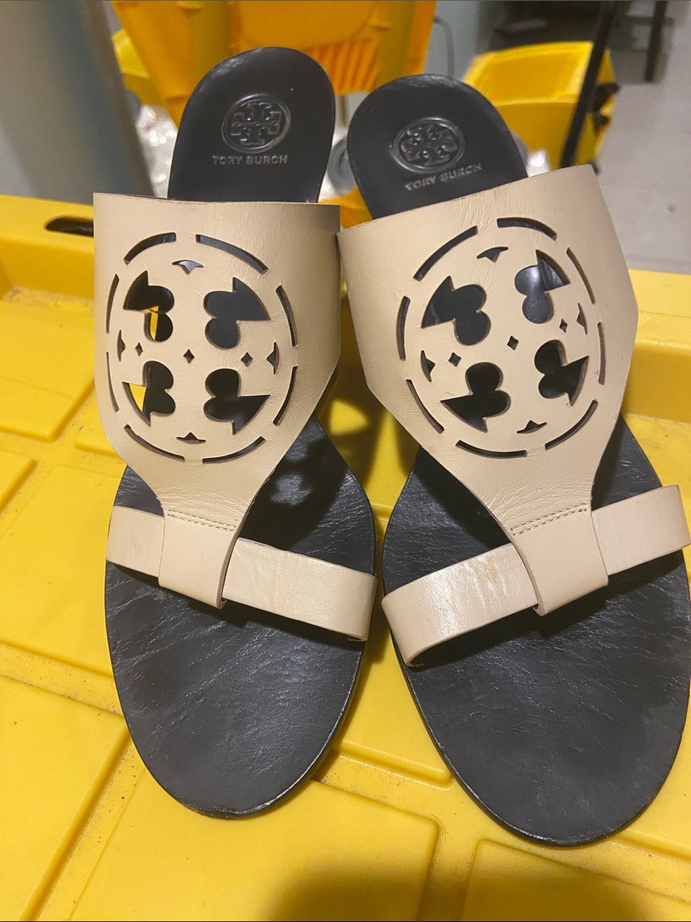 Tory Burch Beige and Black Miller Logo Slide Sandals